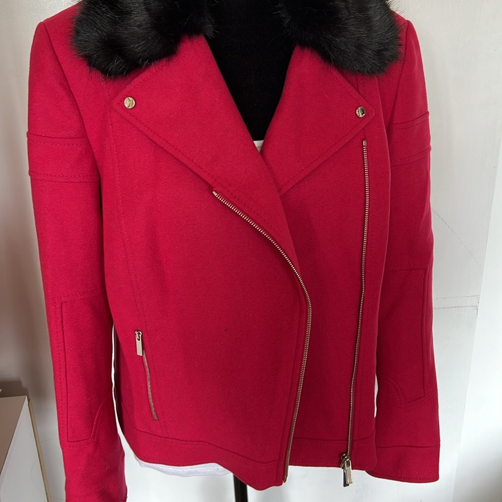 Karen Millen Wool Biker Jacket w/ Detachable Faux Fur Collar- Sz 12 US